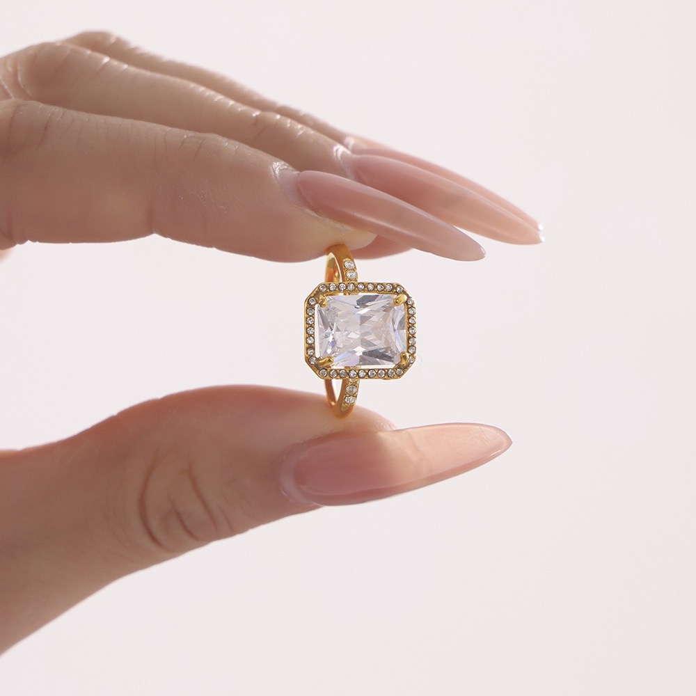 钛钢合成锆石戒指 钛钢 合金 合成立方氧化锆 方糖可开口戒指