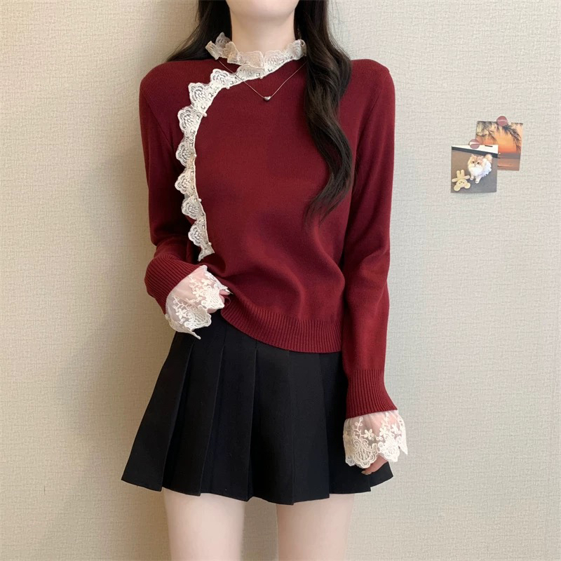 新中式蕾丝花边针织衫女冬季新款高级感时尚修身百搭小心机打底衫