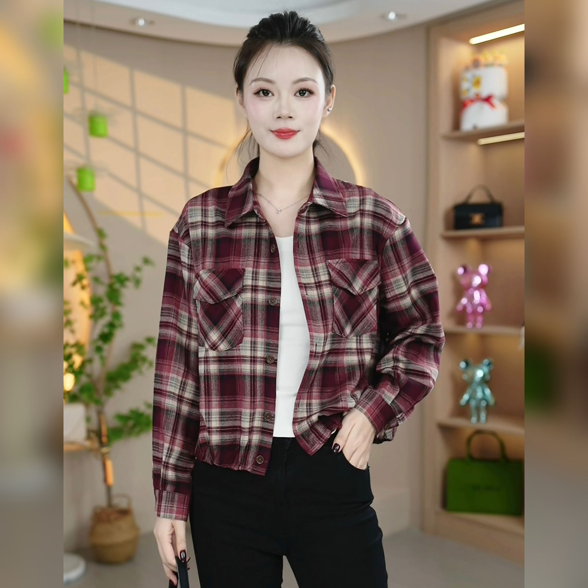 2025秋季新款洋气女士格纹百搭时尚休闲韩版减龄短款宽松外套