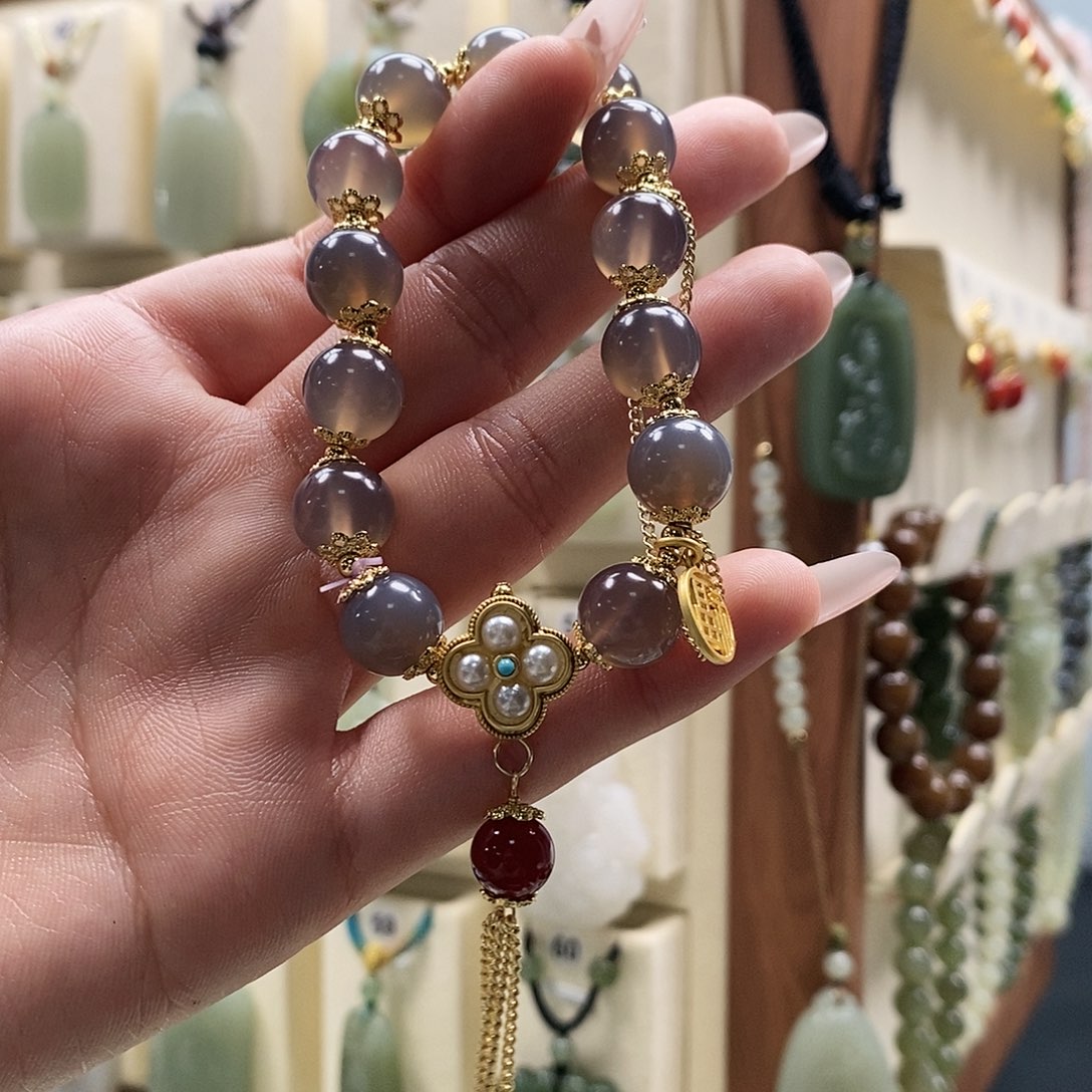 玛瑙/玉髓手串银S925镀金镶嵌