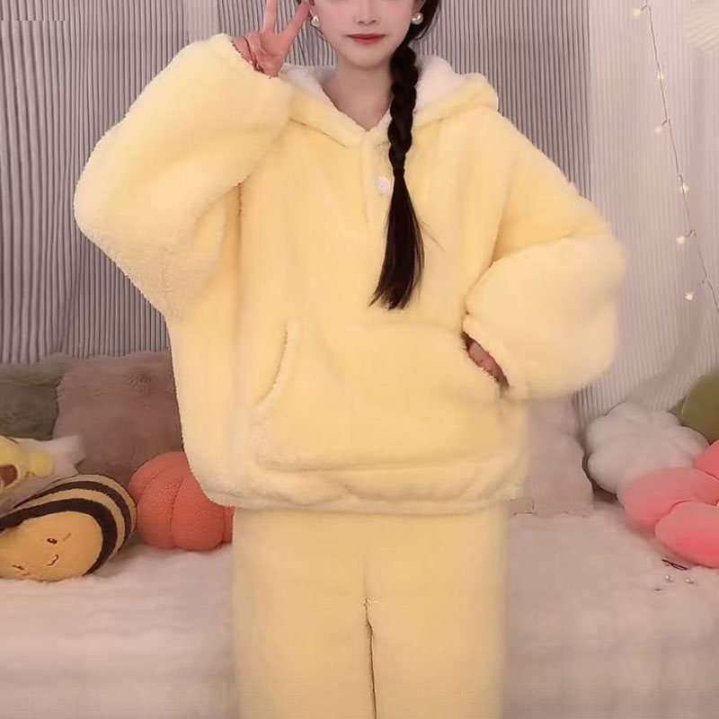 【小黄鸭】加绒加厚家居服套装时尚条纹秋冬帽衫保暖睡衣家居服冬季