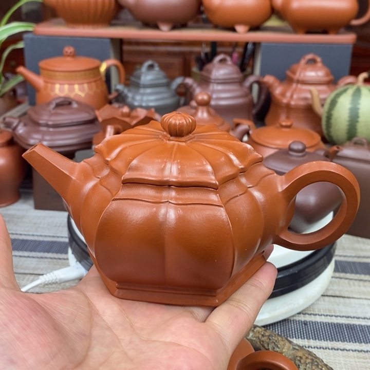 紫砂茶壶六方筋纹莲花280cc原矿赵庄朱泥特价