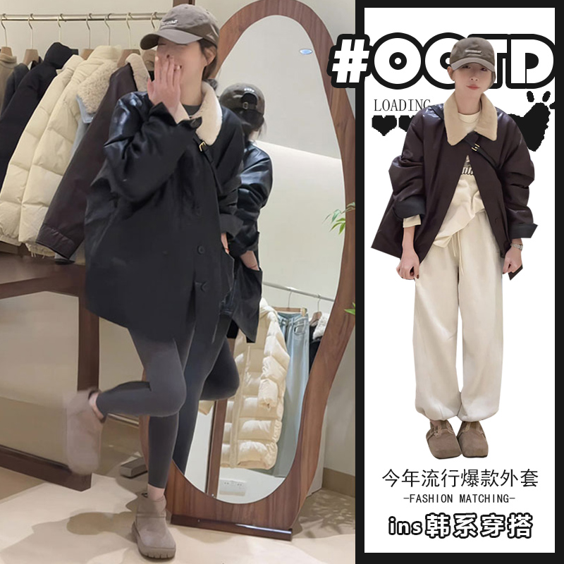 T247669韩版宽松羊羔绒翻领夹克PU皮衣设计感单排扣工装外套女