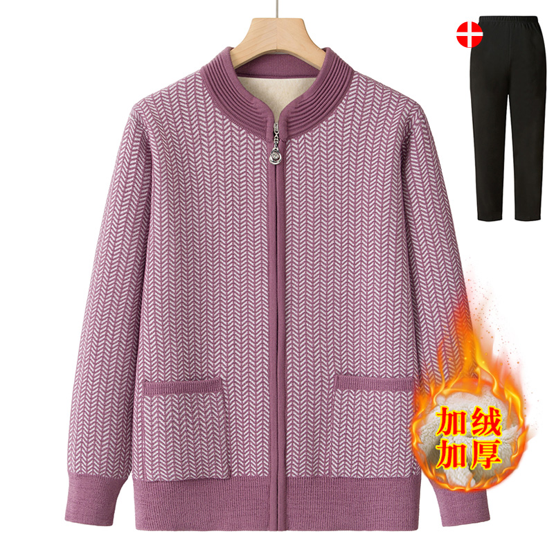 妈妈装中老年人毛衣针织衫开衫加绒加厚秋冬外套拉链宽松冬装上衣