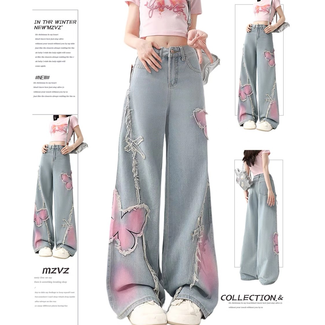 美式复古刺绣蝴蝶阔腿牛仔裤女2025春秋新款高腰百搭直筒显瘦裤子