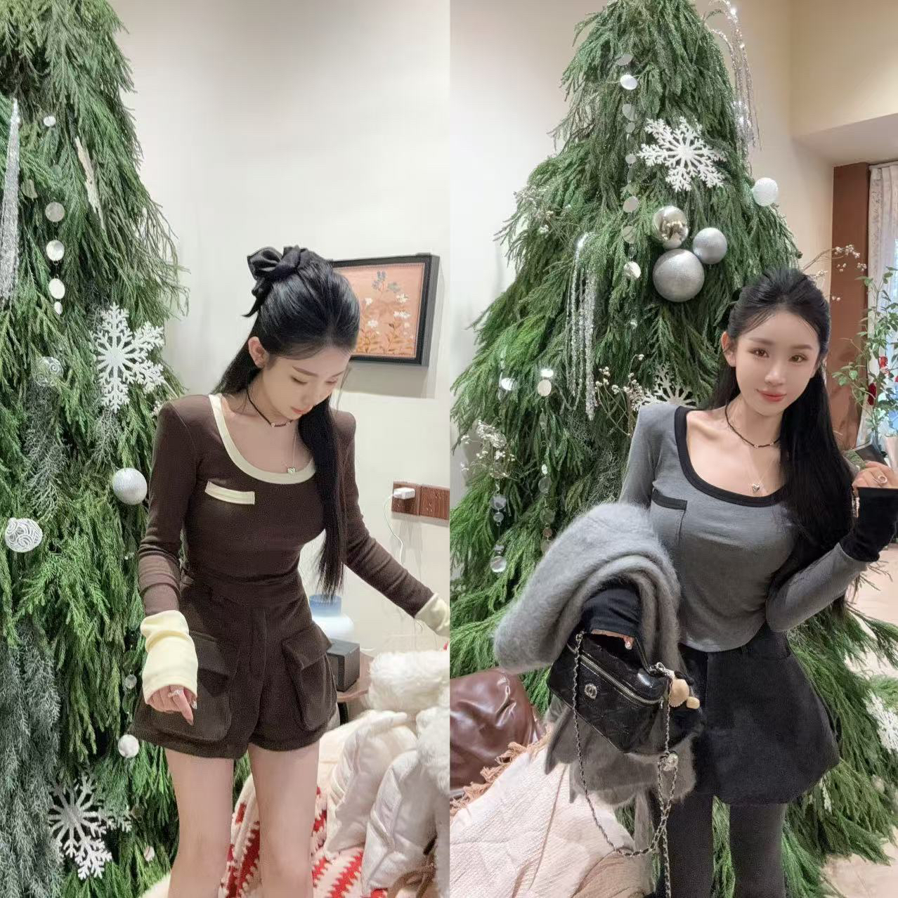 LIN-【纸片人撞色】加绒大U领T恤➕灯芯绒咖短裤