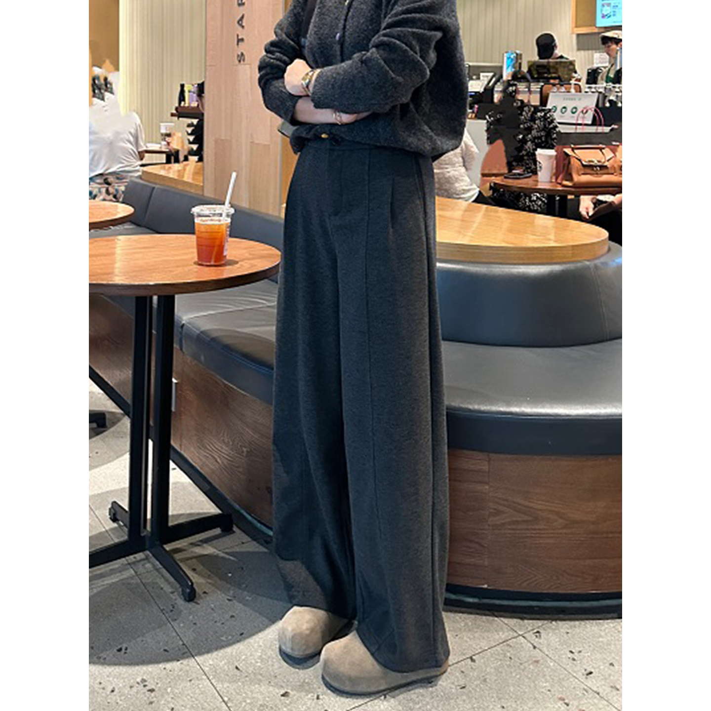 深灰色宽松休闲裤女2025秋季大码胖mm毛呢阔腿裤高腰显瘦糯米裤子