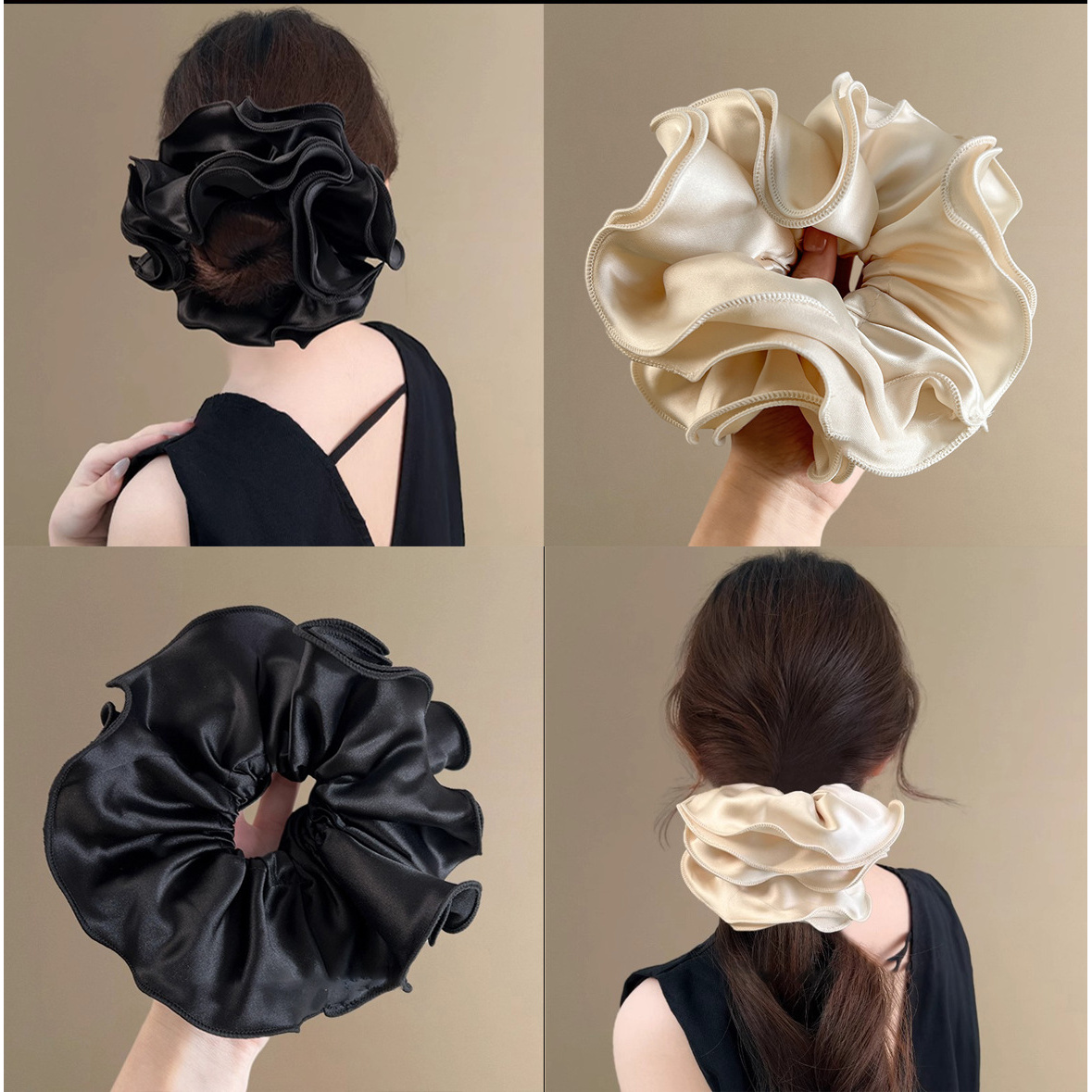 【933】高级质感香槟色缎面双层木大肠圈发圈头饰花边头绳韩版头花