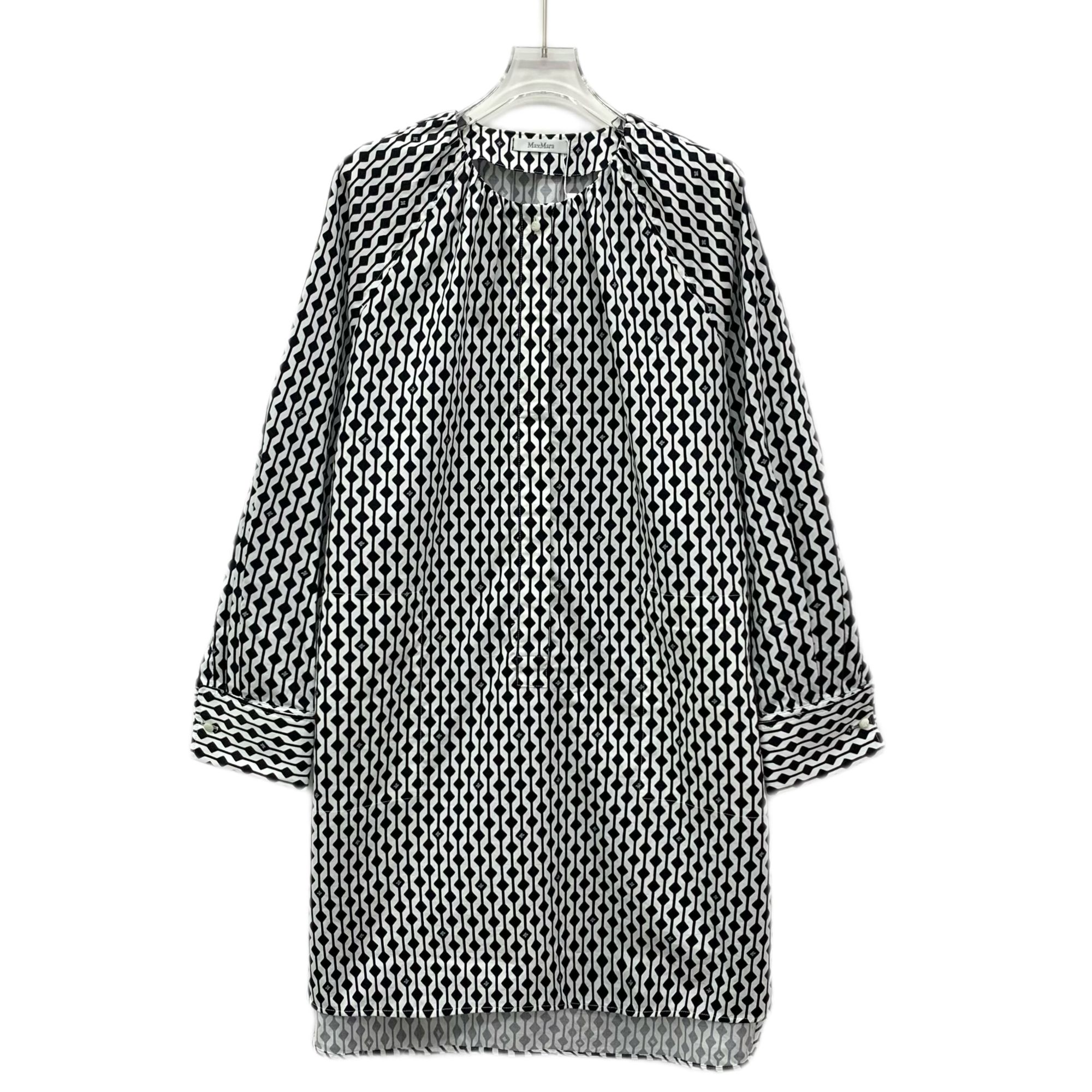 99新 MaxMara IW0592 黑白拼色菱格印花棉质长袖连衣裙 42码