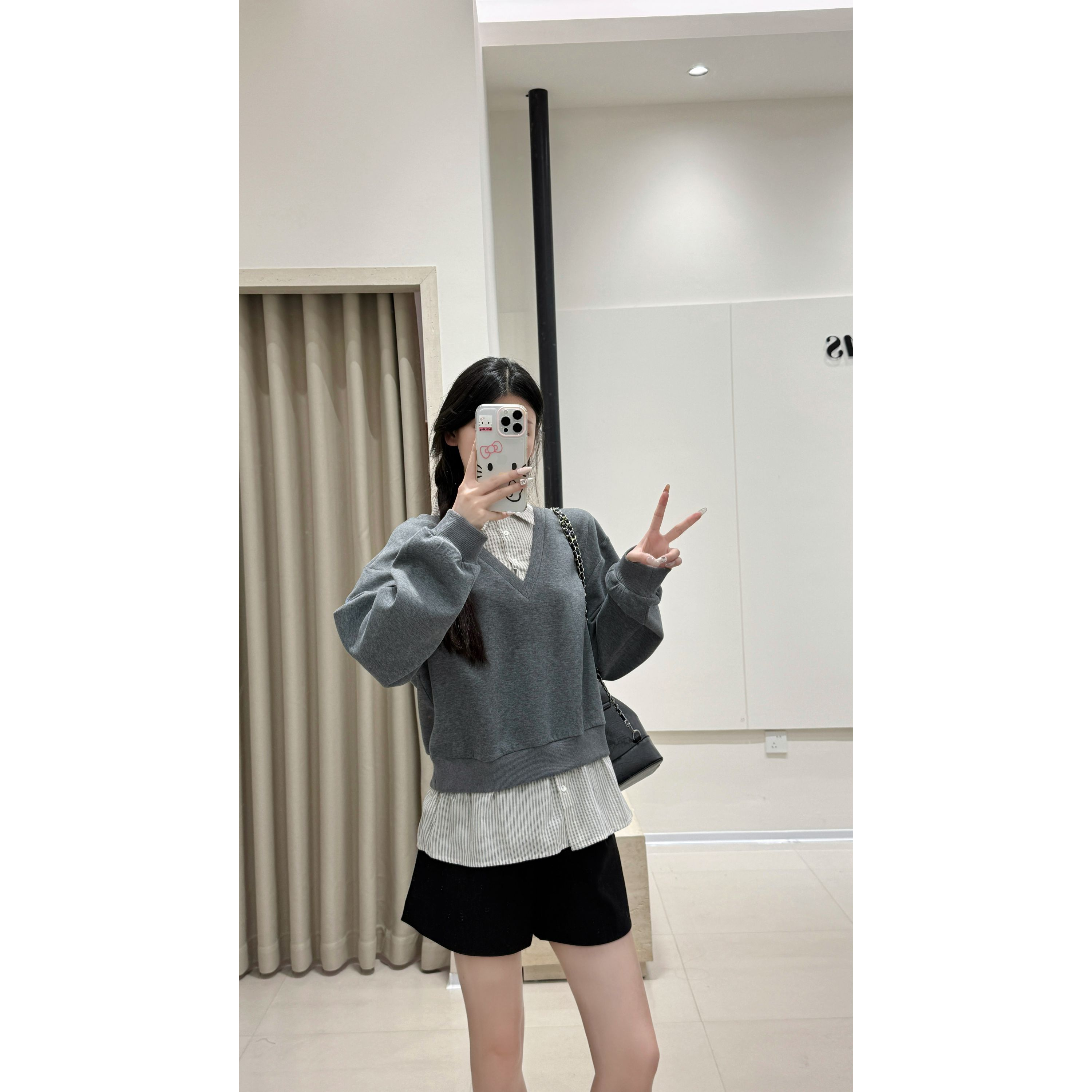 韩系拼条纹翻领卫衣假两件女清新感上衣2025秋新款