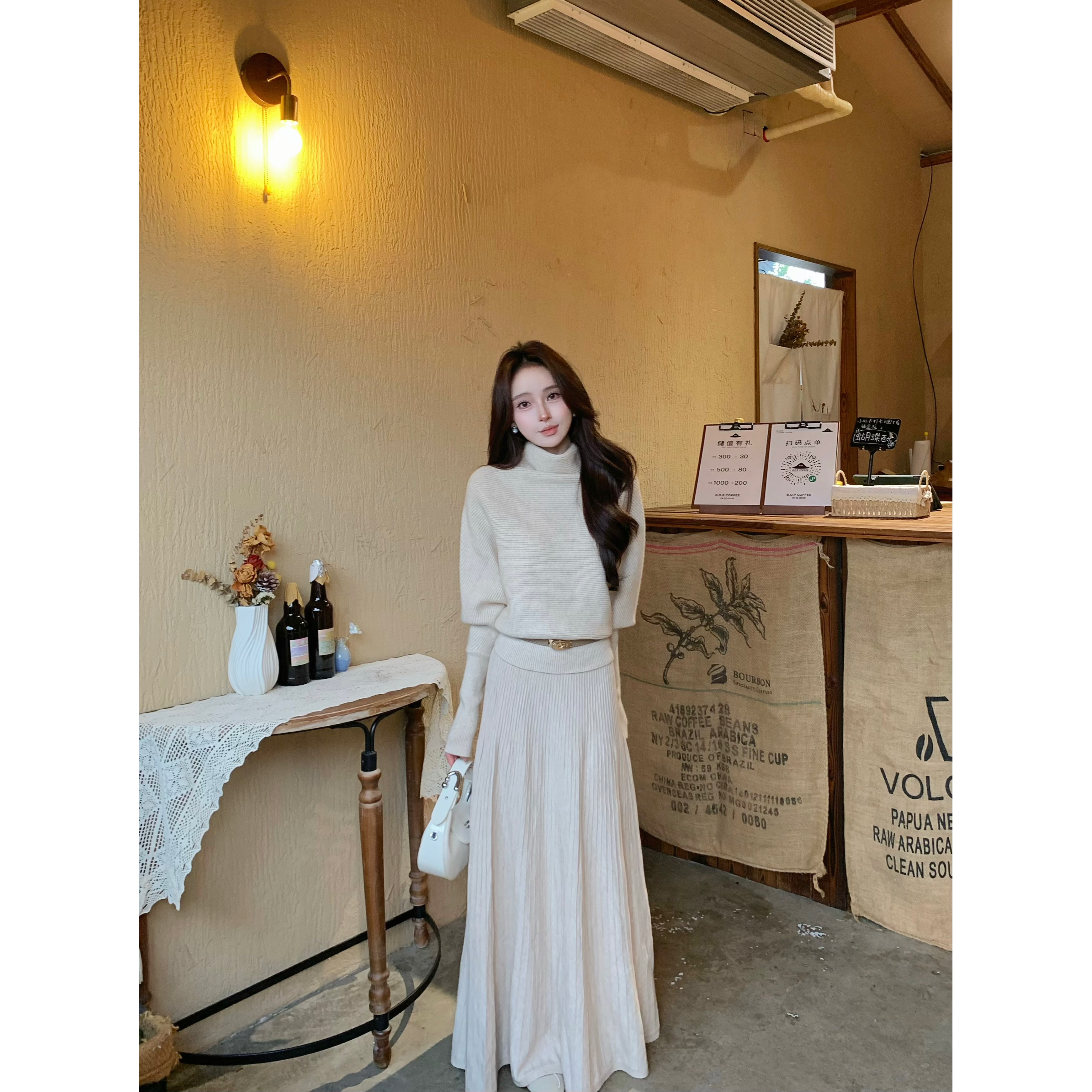 冬季时尚高级慵懒感显瘦气质针织三件套+半身裙+腰带三件套装