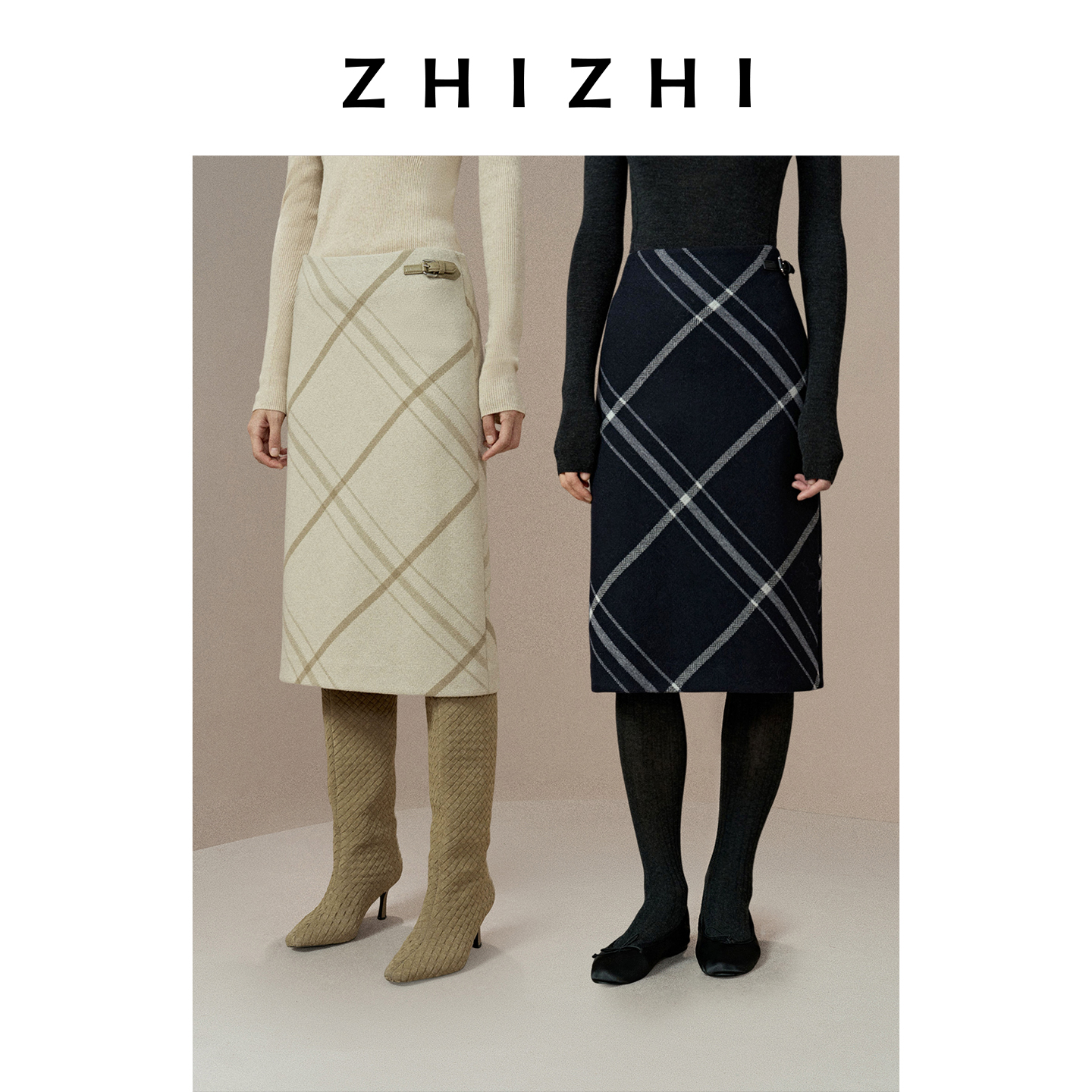 致知 倚西楼 全羊毛经典格纹双面呢肌理感半身裙25冬ZZ2EWWBT129