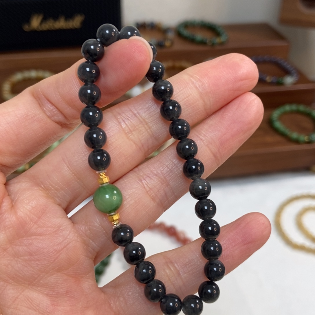 和田玉18K金镶嵌手链6mm青花墨玉