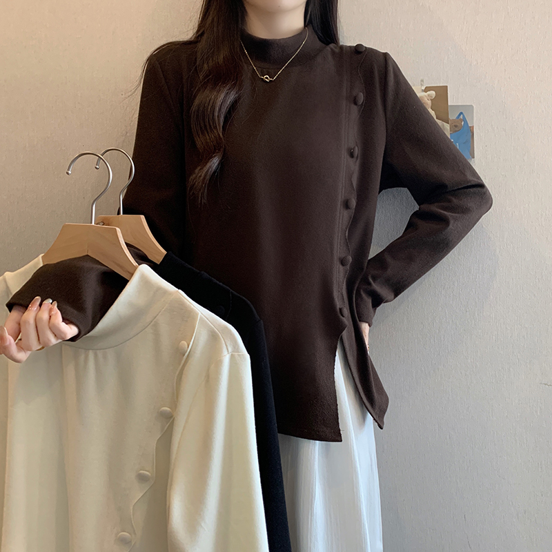 韩系设计感半高领T恤不规则长袖内搭上衣2025冬装新款胖mm大码女