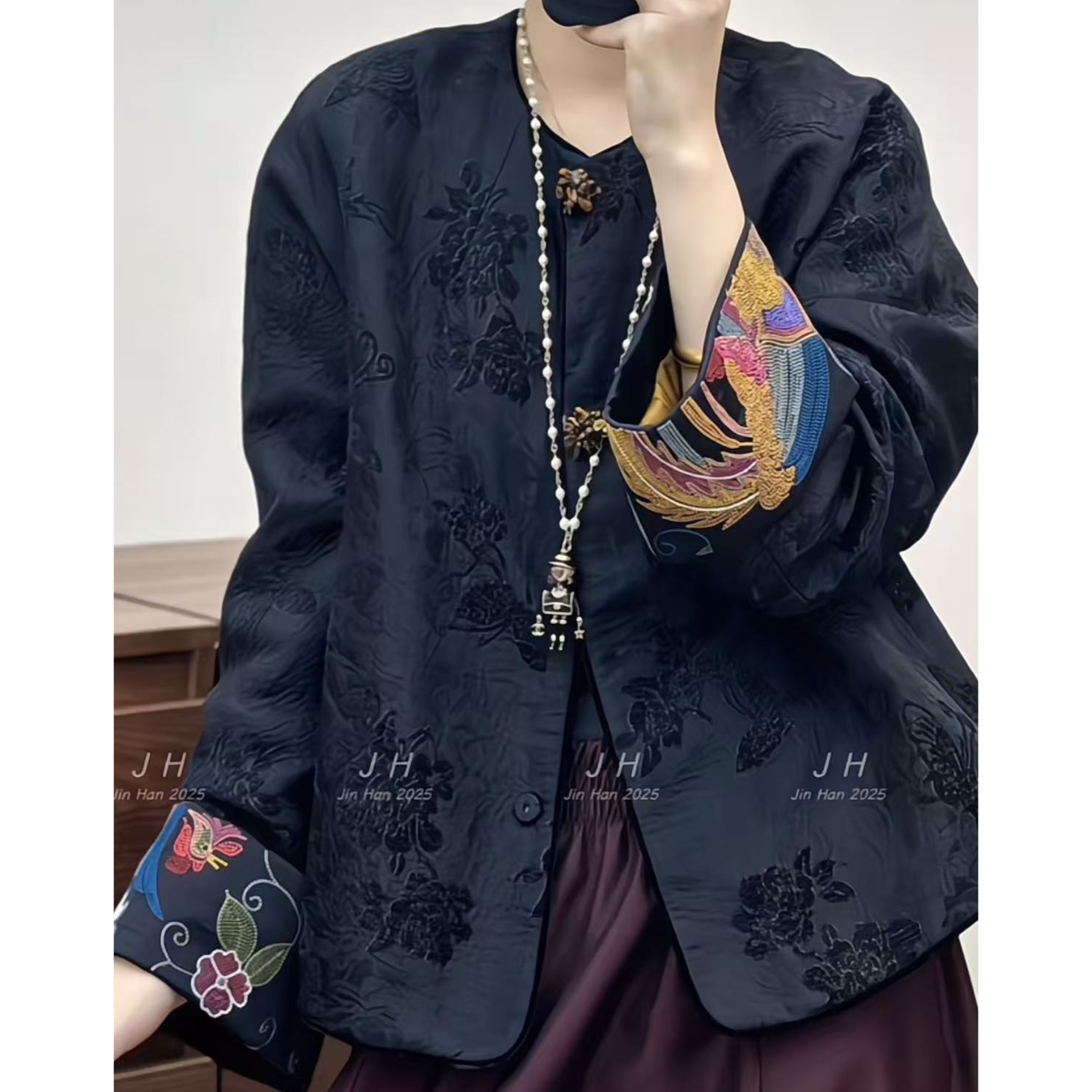 WYK M胸126长58中式暗纹提花翻袖设计圆领羽绒服外套 4140