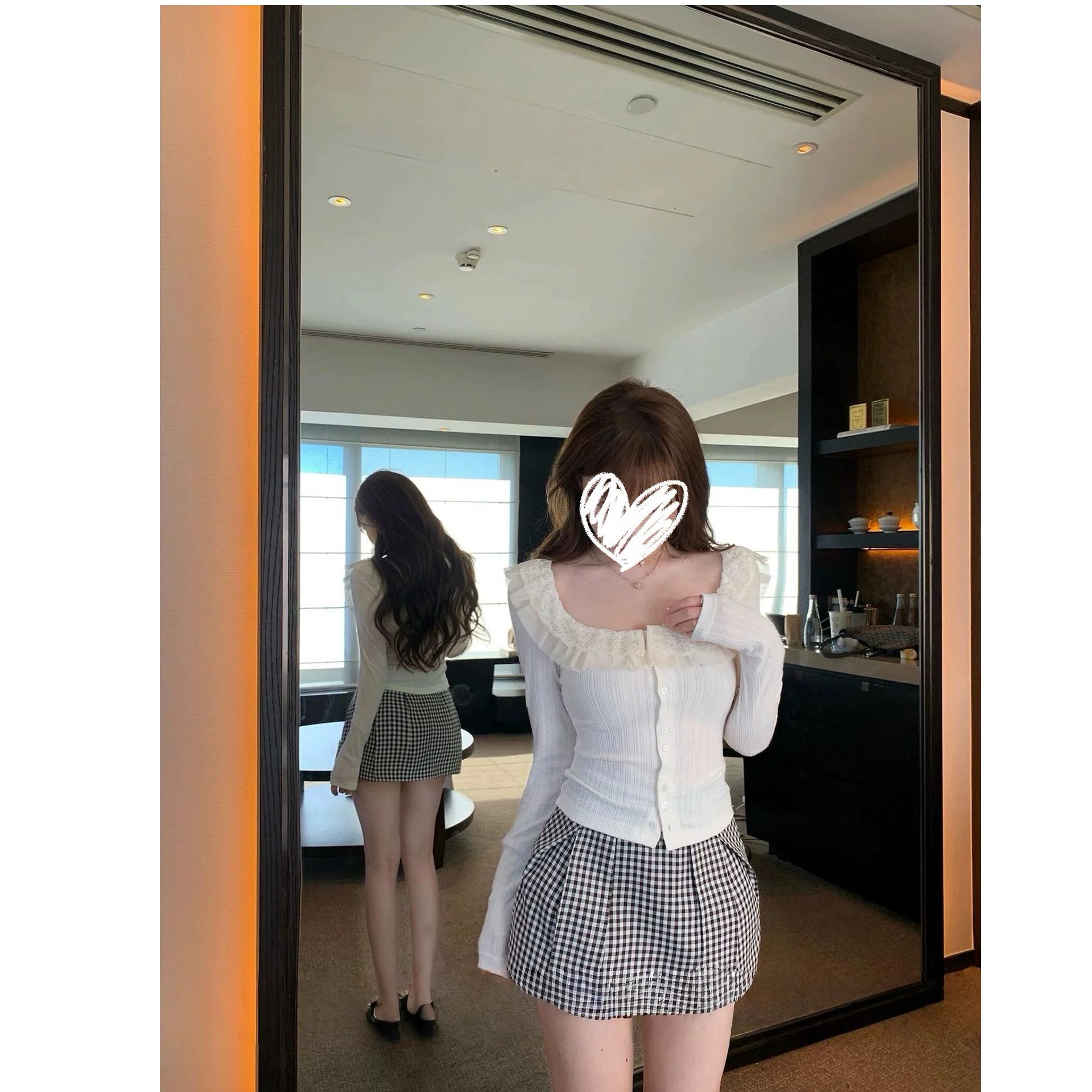 【高腰甜妹】方领蕾丝荷叶边长袖T恤女秋季修身显瘦上衣
