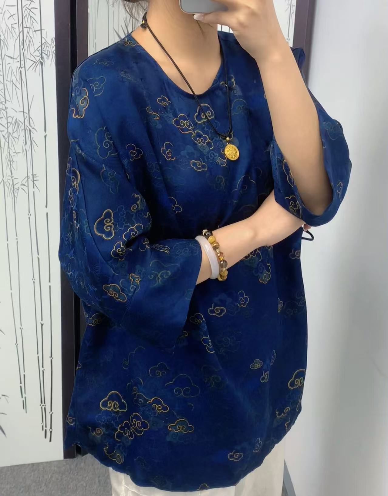 【祥云】 100桑蚕丝香云纱花萝新中式国风香云纱宽松版流浪衫