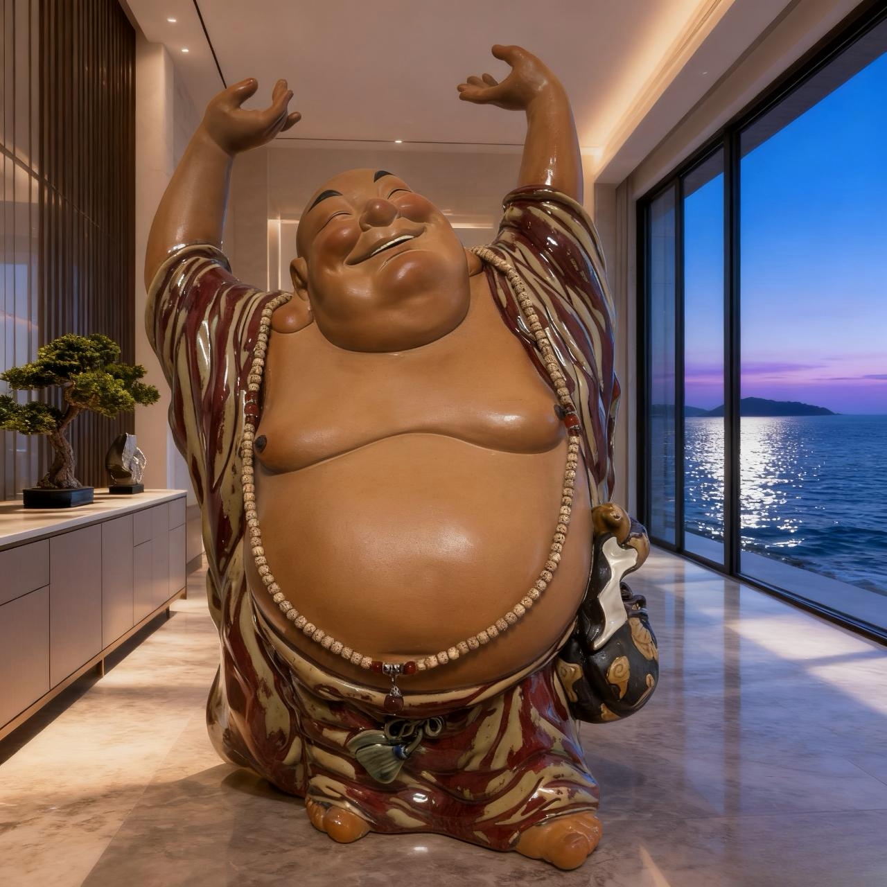 顶天立地有容乃大正宗石湾红釉拥有佛立地生财