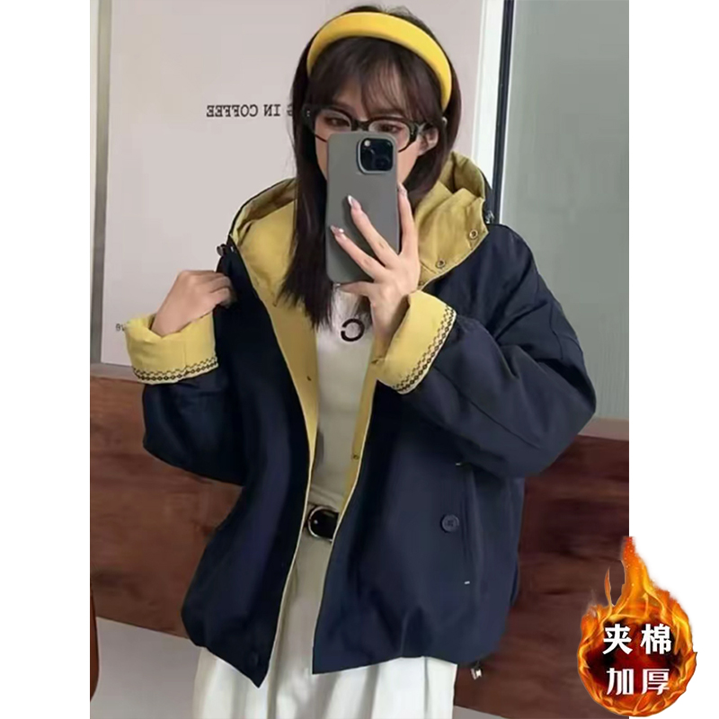 2025新款爆款韩版显瘦撞色短款外套女休闲百搭连帽设计款夹棉809