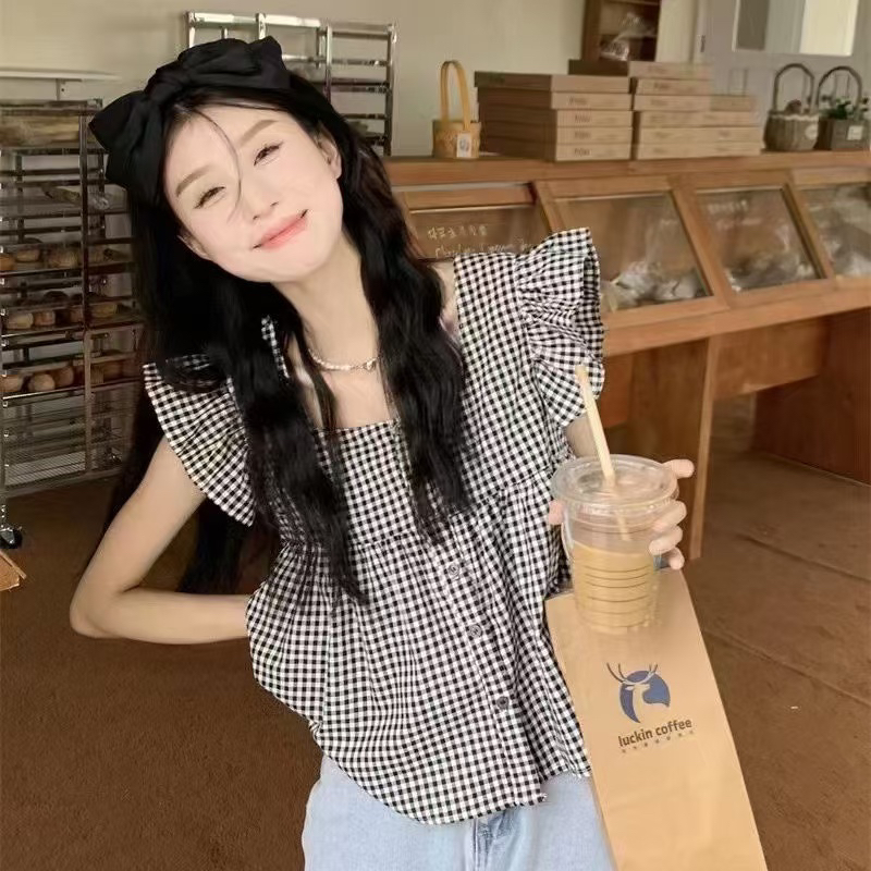 韩版小飞袖衬衫女方领显瘦背心夏季新款洋气荷叶边雪纺衫无袖上衣