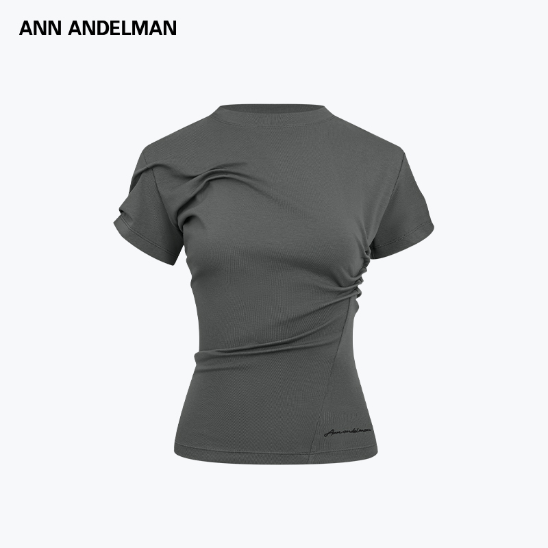 ANN ANDELMAN 2025夏季新款纯色修身短袖小圆领扭扭折叠T恤女
