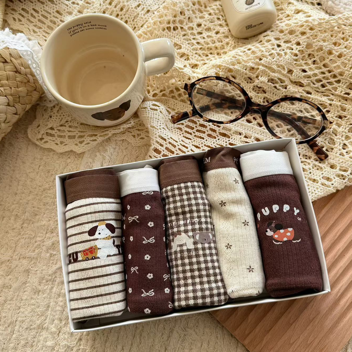 5条装米咖色10A卡通可爱中腰棉亲肤舒适透气加长棉裆女内内69268