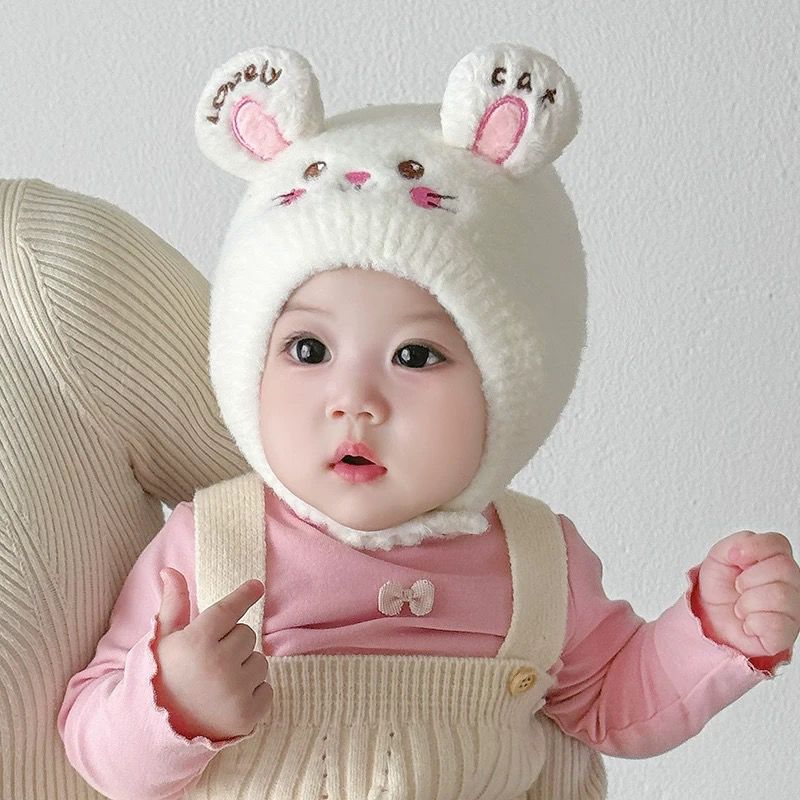 婴儿帽子冬季加厚保暖毛绒针织护耳可爱小兔超萌小月龄宝宝包头帽