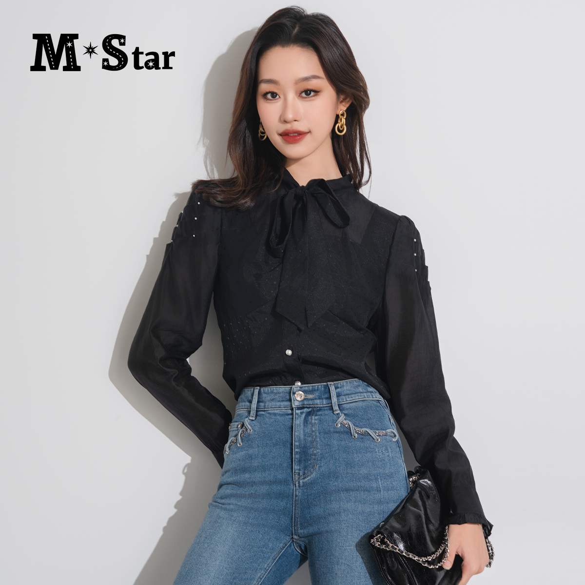 【九月专属】M-Star气质通勤轻薄飘带蕾丝长袖衬衫SEES132528