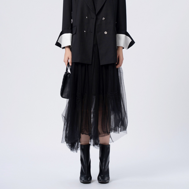 U/TI 拼接设计感黑色弹力腰高级气质不规则网纱显瘦半身裙