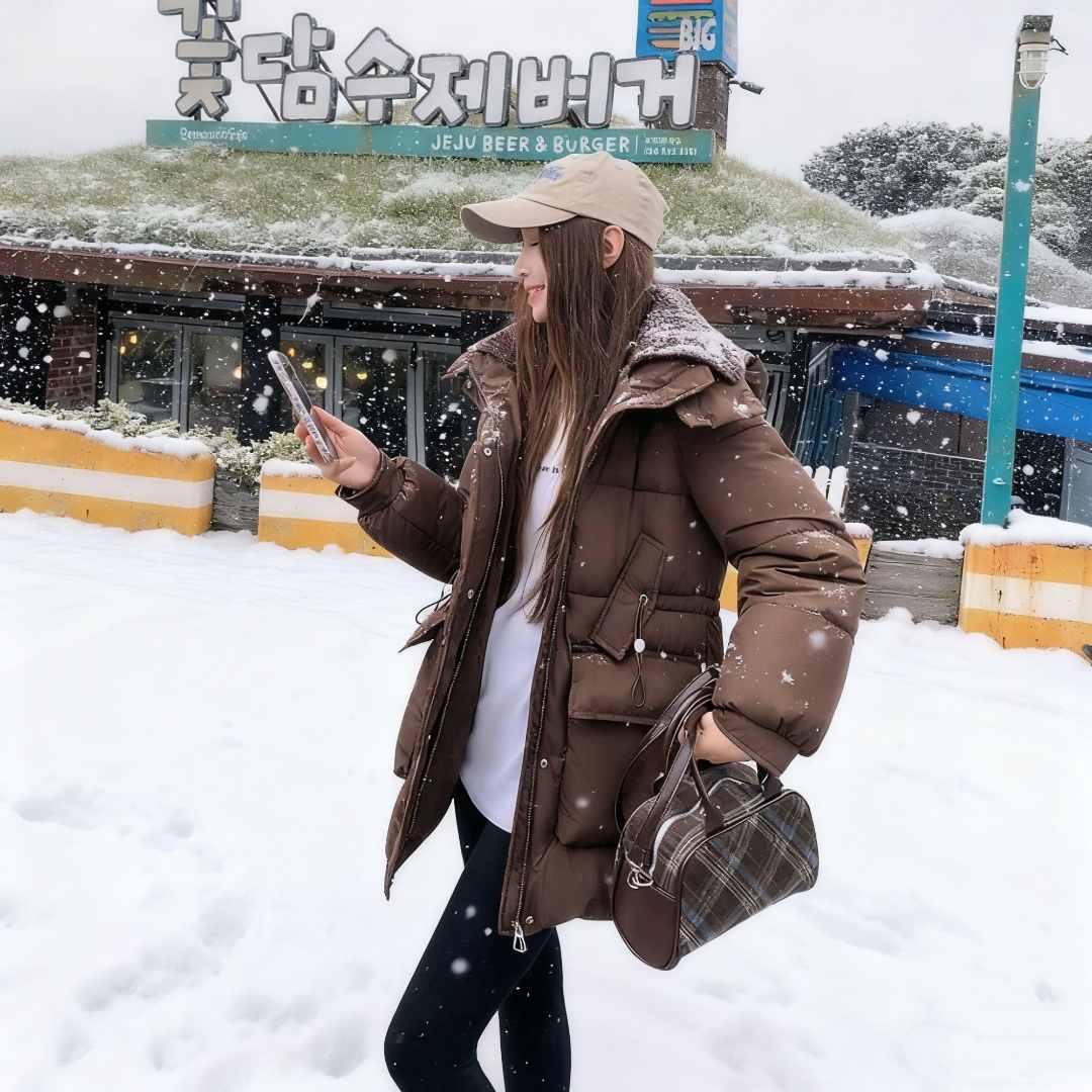 洋气新款针织翻领宽松棉衣棉服冬季百搭新款大码显瘦中长款棉袄女