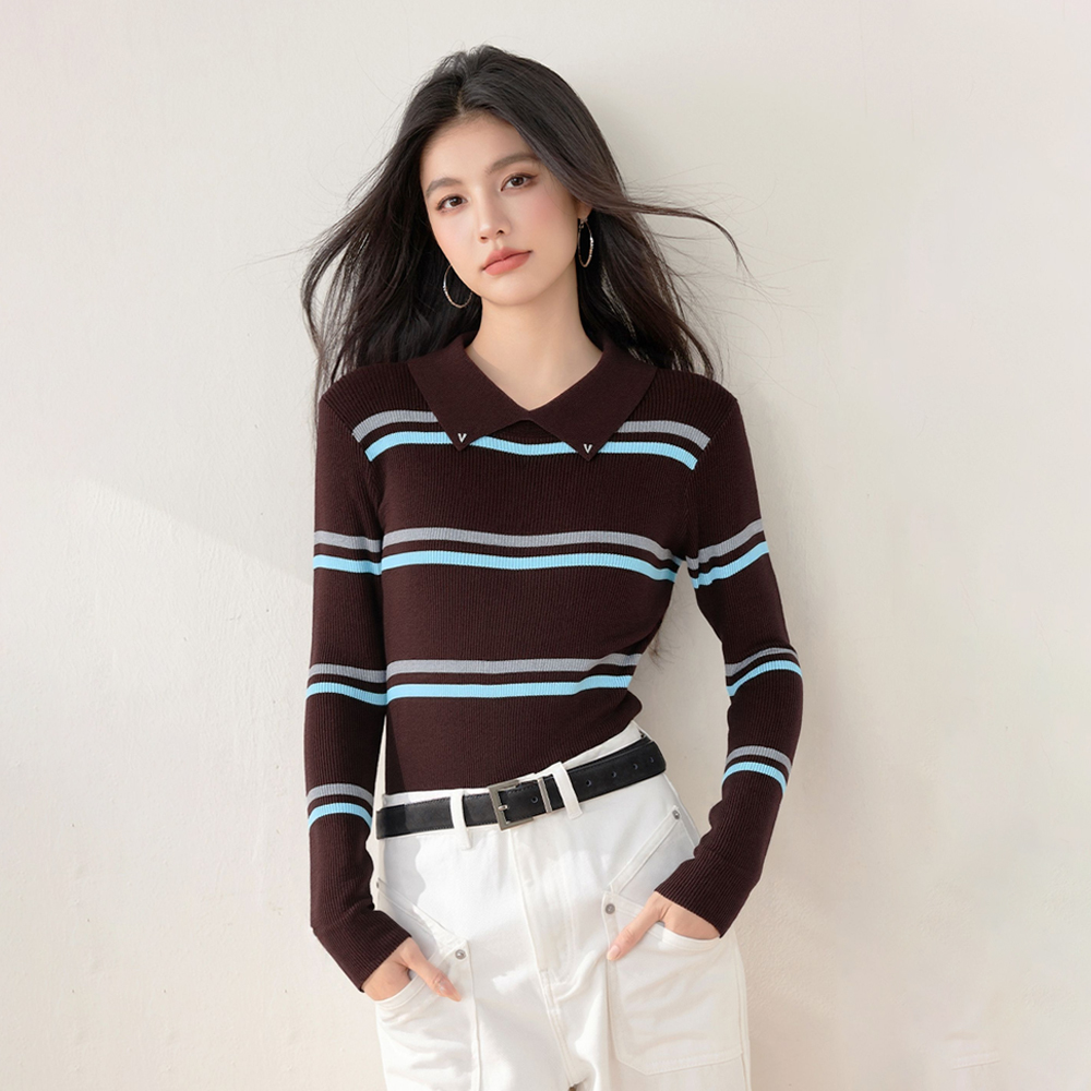 Max.MLmL【条纹艺术】设计感撞色小翻领长袖针织上衣M353318【T】