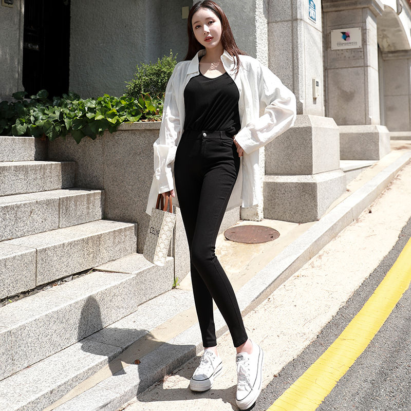 女士秋冬百搭小脚裤铅笔裤黑色高弹打底裤九分小黑裤 雪尼尔面料