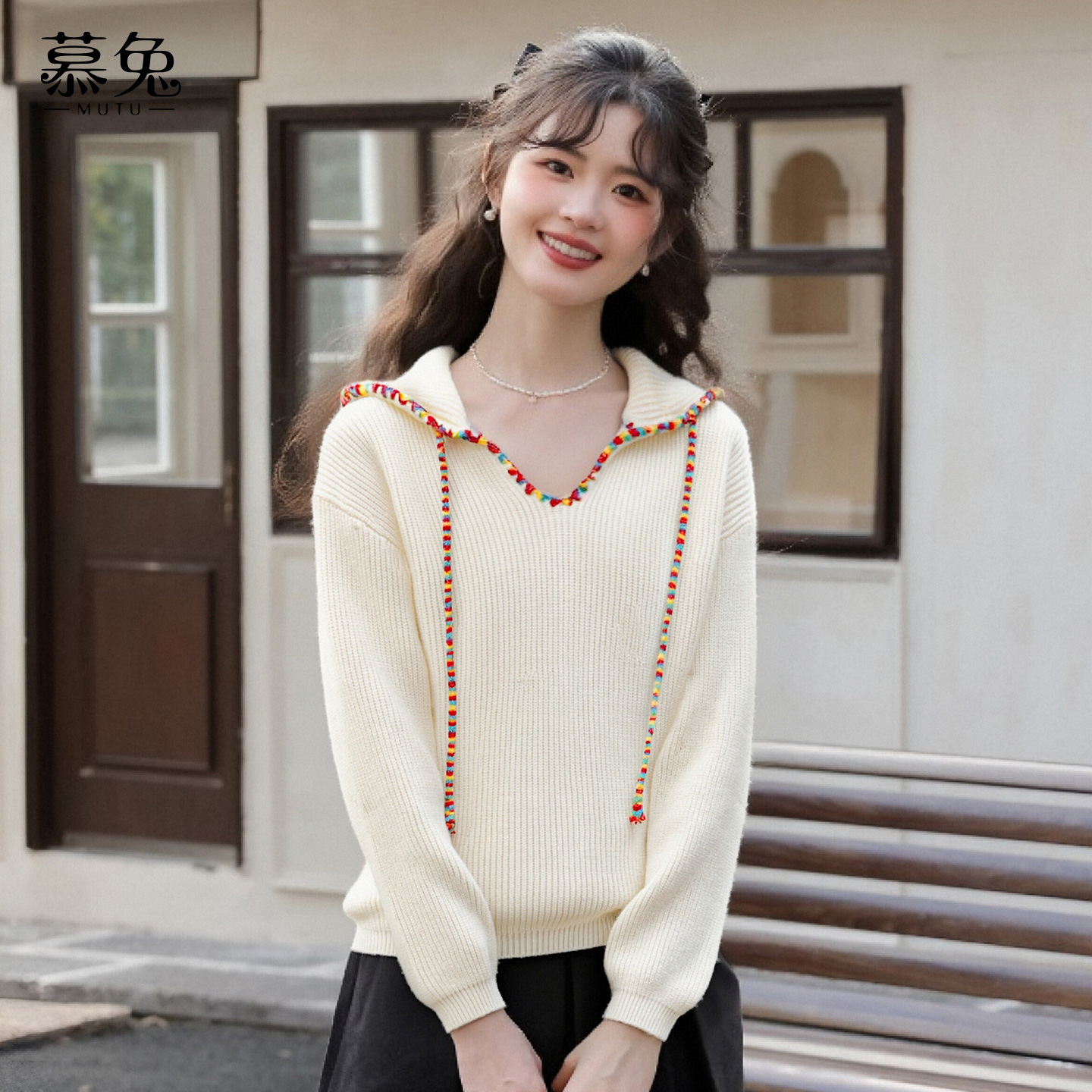 慕兔甜美撞色连帽毛衣新款慵懒风宽松软糯针织衫长袖上衣TU31502
