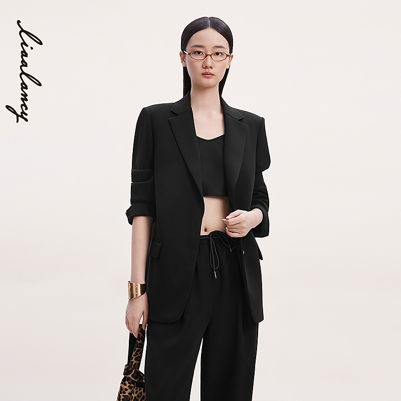 LANCY/朗姿2025年秋新款高级气质黑色西装外套女通勤职业百搭西服