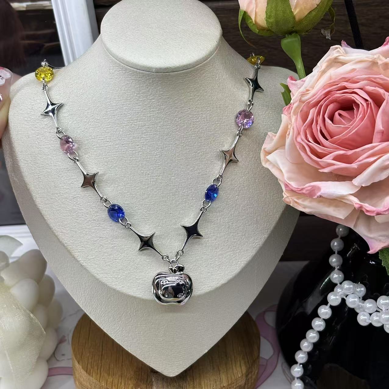 铜合金锆石项链 Hello Kitty苹果彩色锆石项链048