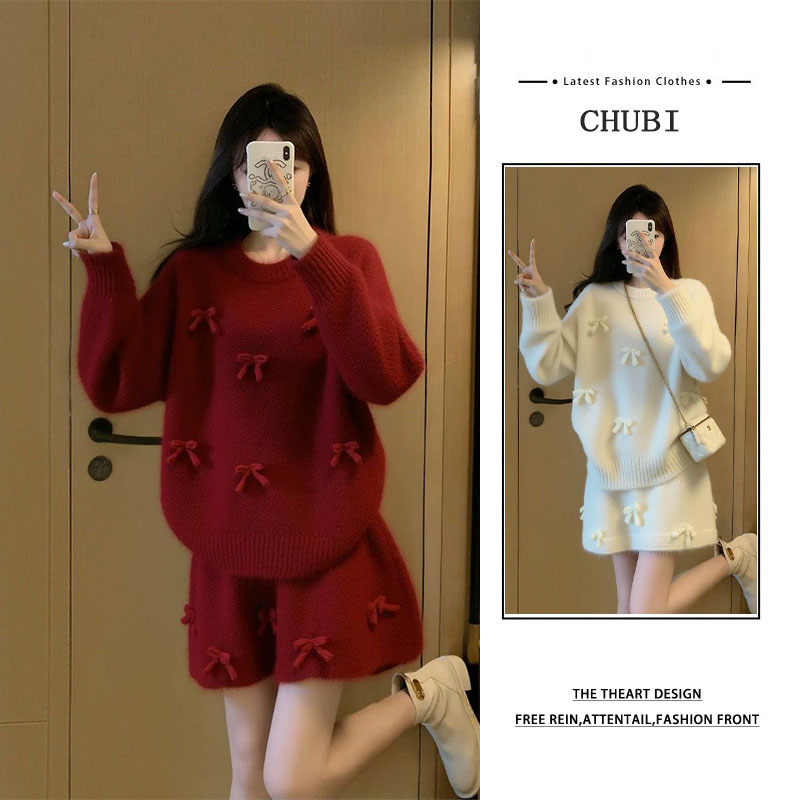 圣诞氛围感针织套装女2025秋冬新款蝴蝶结毛衣显瘦半身裙两件套