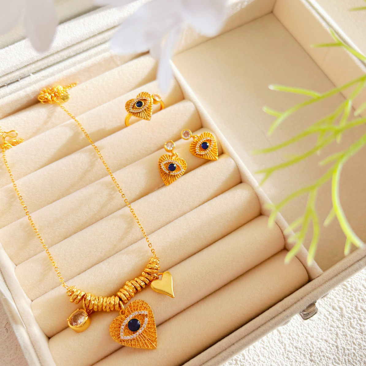 铜合金合成锆石吊坠 古法盘缠心形猫眼吊坠项链耳环戒指三件套20