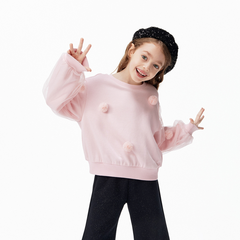 littlemoco童装26春装新款女童网纱泡泡袖卫衣长袖上衣甜美