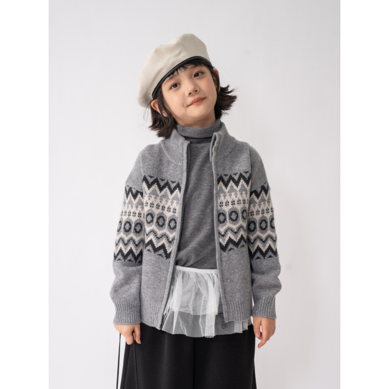 ‘费尔岛’【100%羊毛】女童半高领拉链衫费尔岛毛衣儿童羊毛开衫