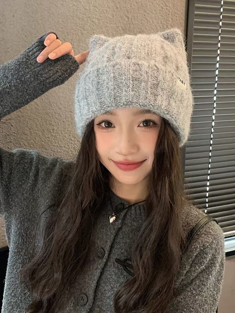 猫耳朵毛线帽子女秋冬季新款日系保暖可爱针织帽韩版休闲百搭冷帽