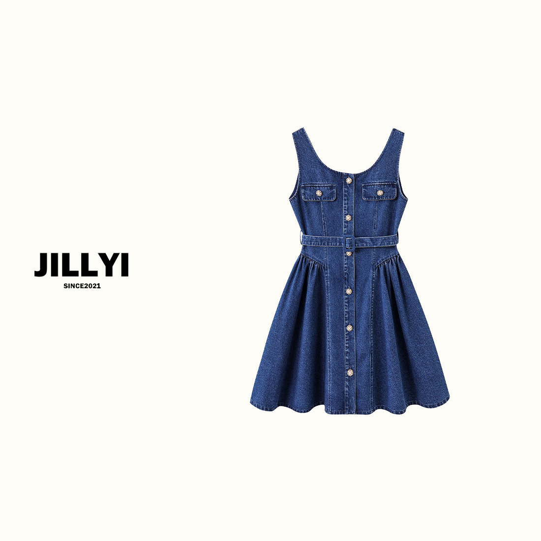 JILLYI珠海店【梦境蓝】水洗蓝无袖单排扣吊带牛仔连衣裙显瘦