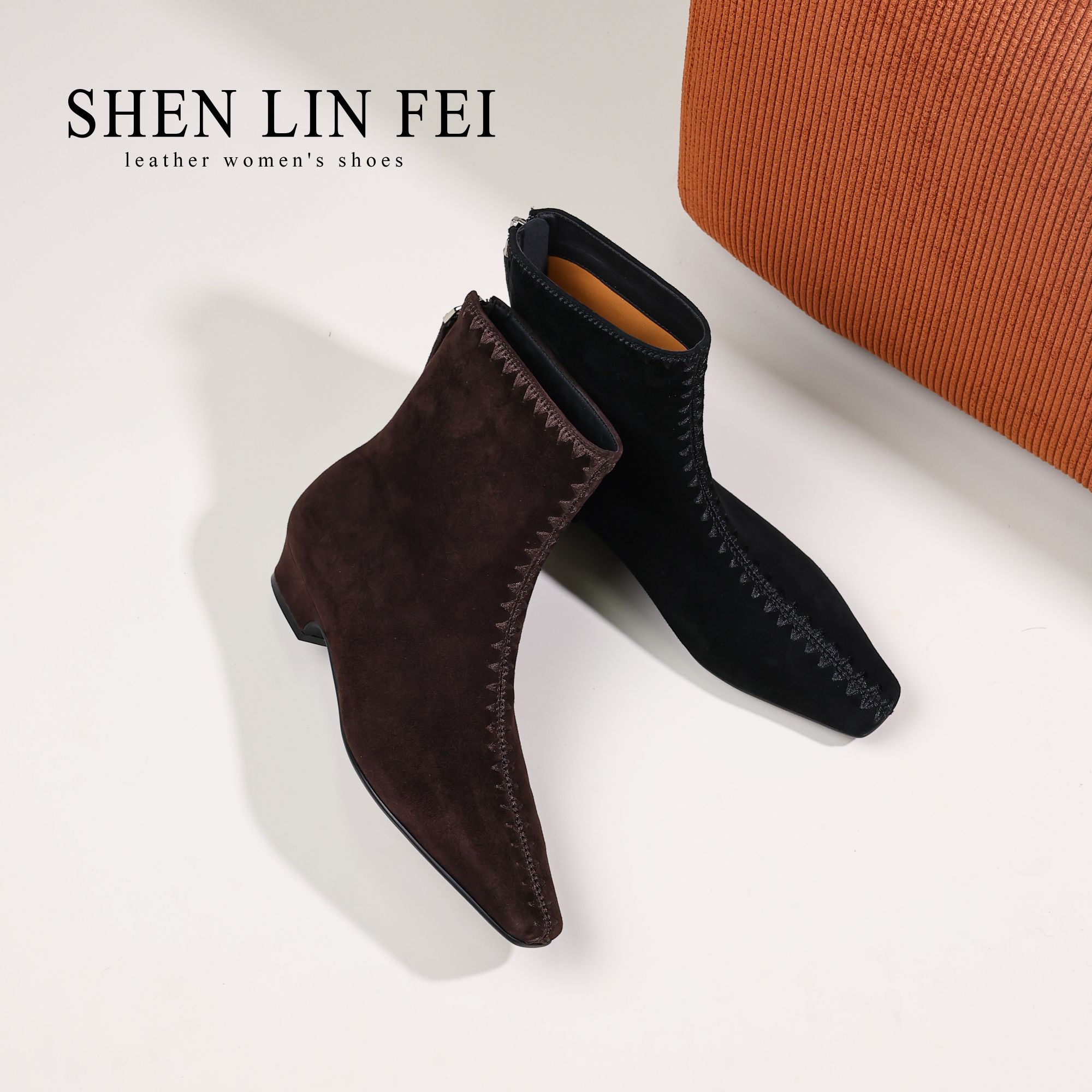 头层羊皮/3CM新款手工绣线时尚百搭短靴低跟方头软底瘦女靴A6507