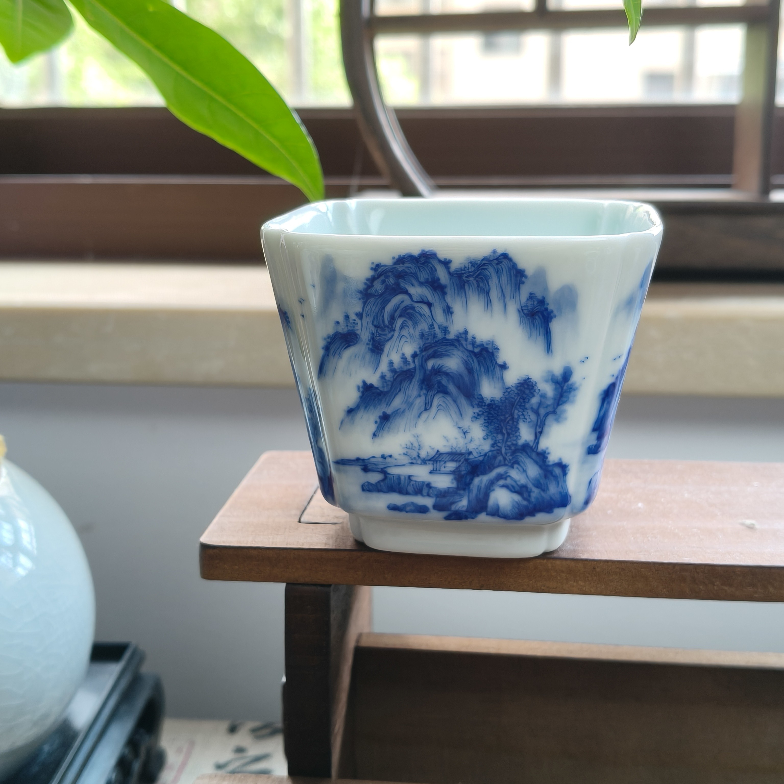 手绘柴窑青花山水四方杯（口径7高6.3容量110）茶杯陶瓷