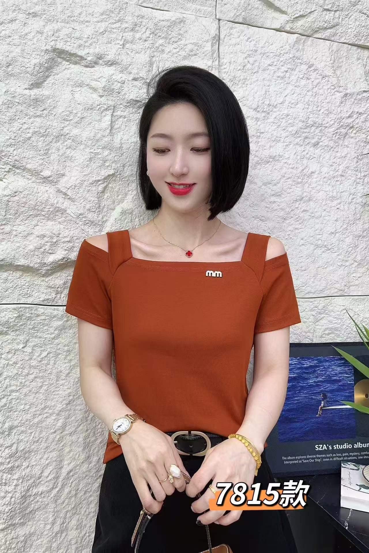 7815短袖纯色常规镂空一字领拼接T恤洋气女士百搭夏季方领打底衫
