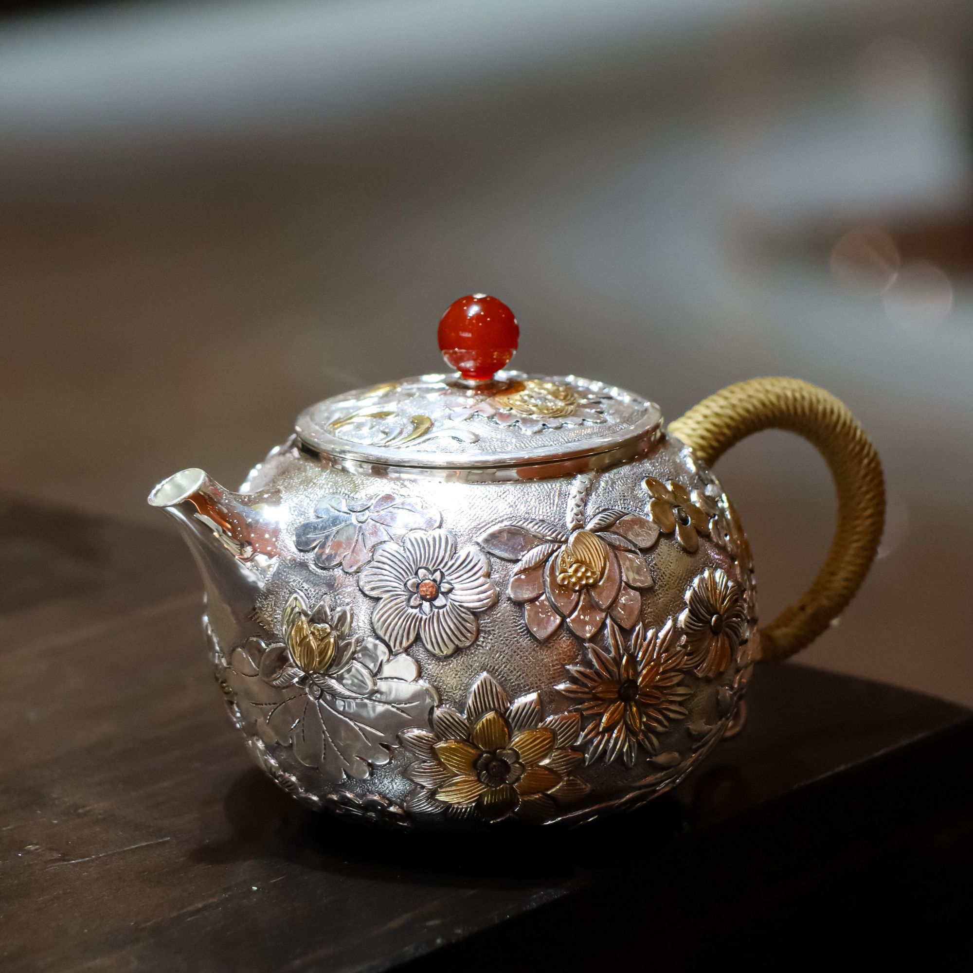 足银银制品 龙凤雪花银楼足银999百花壶 大师精品  镶铜银壶 匠心