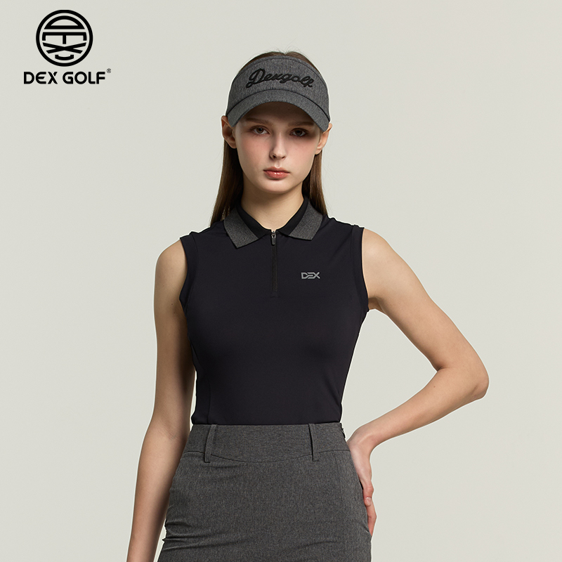 DEXGOLF高尔夫女士短袖T恤夏3352翻领无袖上衣修身百搭显瘦弹力