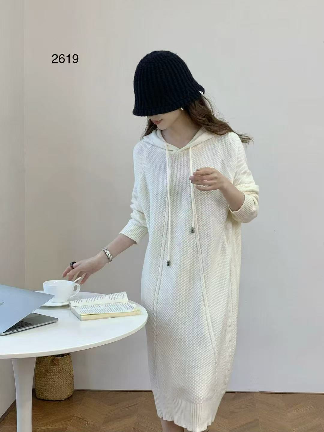 连帽毛织卫衣裙竖条包芯纱慵懒风大码胖MM秋冬保暖中长打底裙休闲