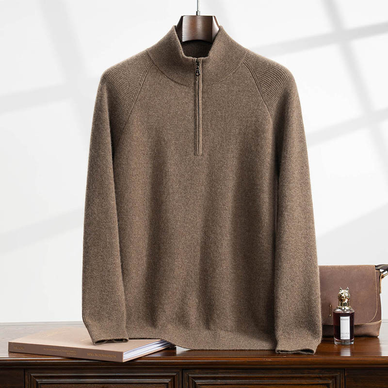 430-480克插肩袖男士100%纯山羊绒厚款半拉链羊绒套衫纯色百搭
