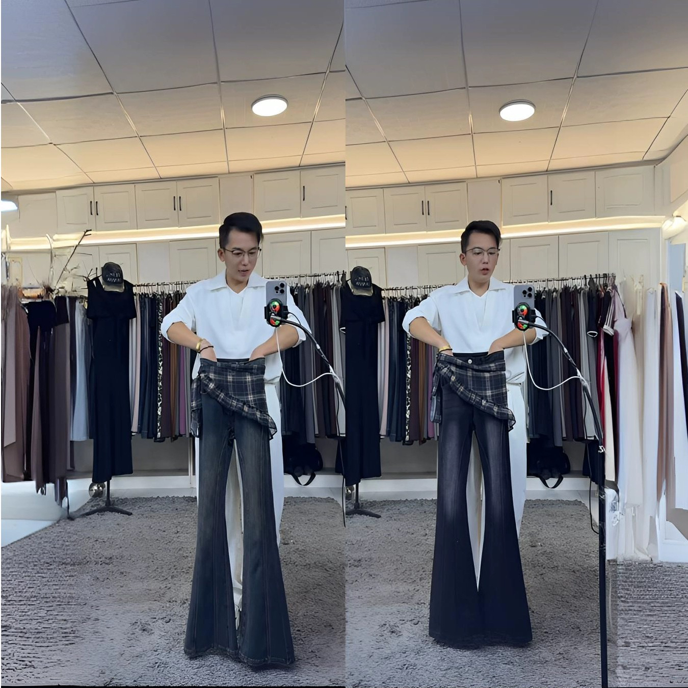 燕龙原创加长2078秋冬款荷叶边皮帘复古做旧高腰高弹微喇叭牛仔裤