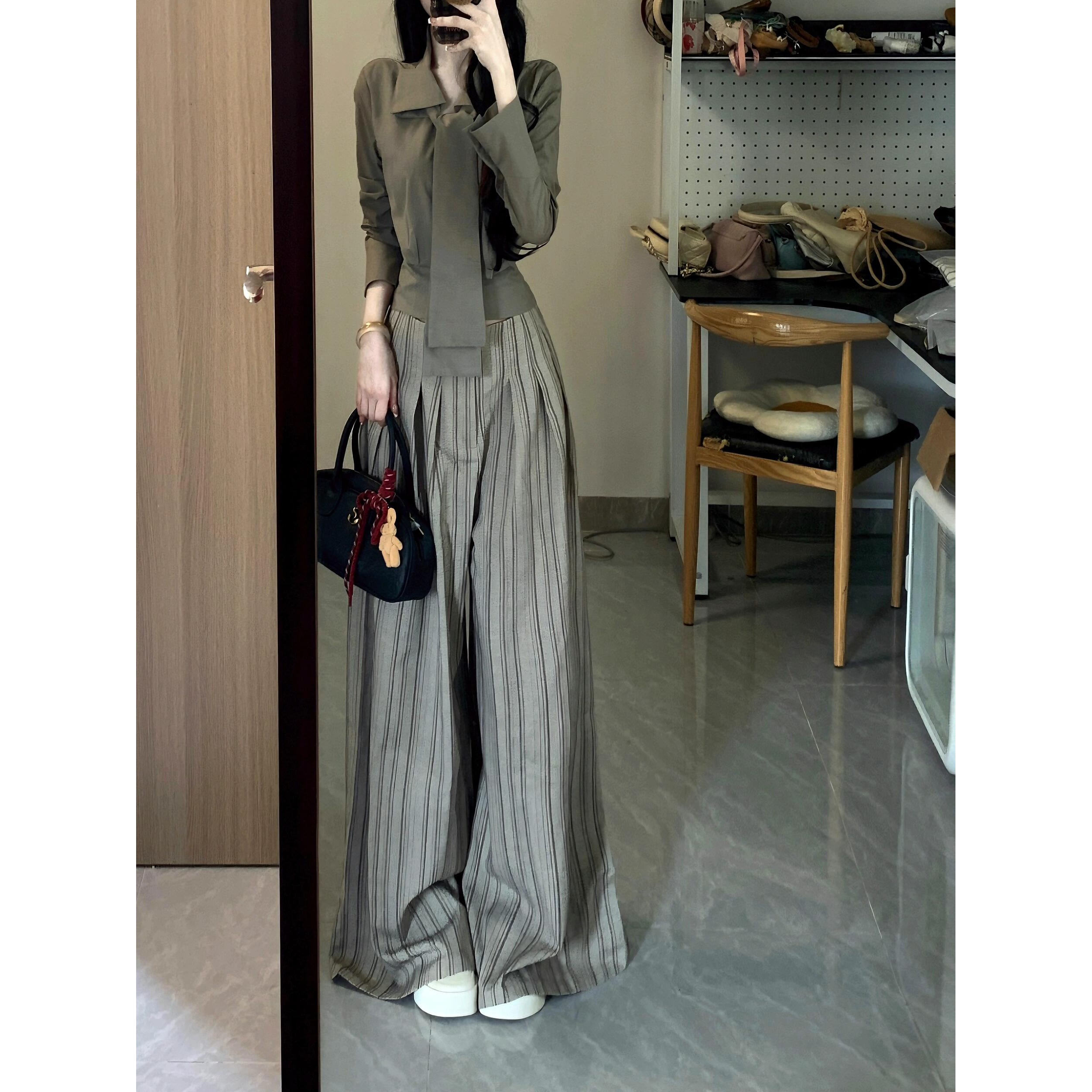 洋气休闲装系带气质简约显瘦长袖衬衫女高腰条纹直筒休闲裤阔腿裤